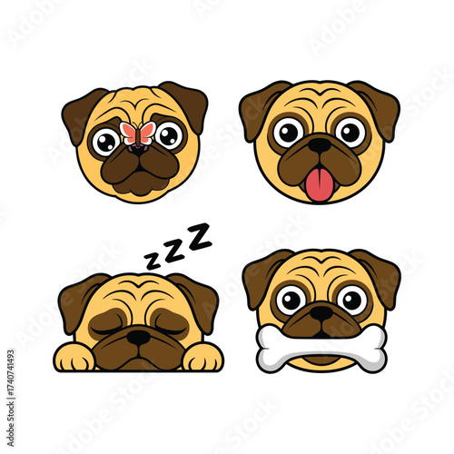 Four pug dog faces with different cartoon expressions on white background.