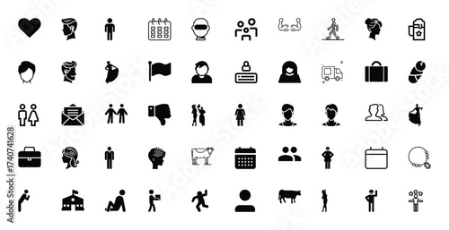 Diverse Collection of Black and White Icons Representing People, Objects, and Symbols