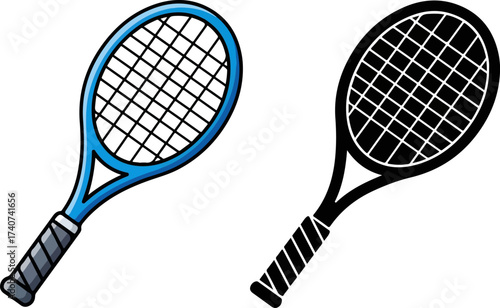 Blue tennis racket resting on white surface, ready for a match in bright daylight, conveying energy and anticipation.