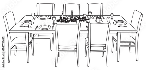 Black outline illustration of a dining table set for a festive meal with eight chairs, complete with plates, glasses, and a centerpiece of candles and flowers.