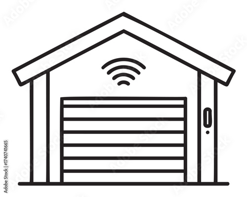 Black outline icon of a smart garage door with a wifi symbol, representing modern automated home technology and security.