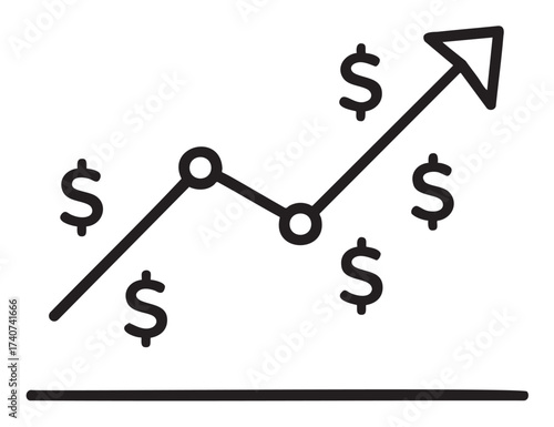 Black outline icon of a rising arrow graph with dollar signs, representing financial growth and economic success.
