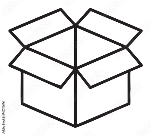 Black outline vector icon of an open cardboard box viewed from above, showcasing a simple geometric design with flaps extended outward.