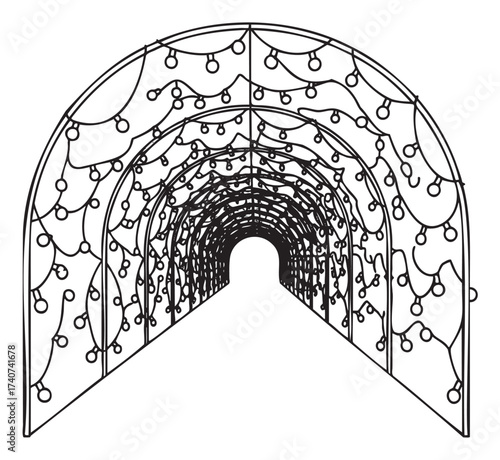 Black outline drawing of a decorative archway adorned with multiple hanging string lights forming a tunnel shape.