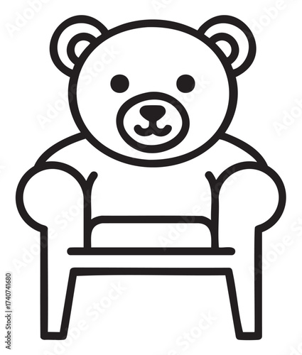 Simple black outline icon of a teddy bear sitting on an armchair, showcasing a cute and cozy design.