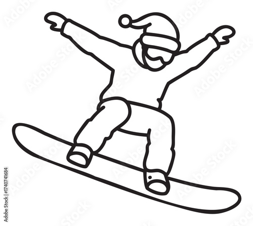 Black outline icon of a person in winter clothing performing a snowboarding jump, highlighting dynamic movement and winter sports activities.