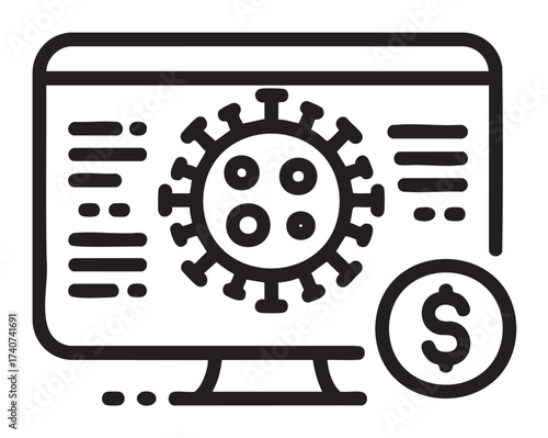 Black outline icon of a computer screen displaying a virus symbol with a dollar sign, representing online threats and financial risk.