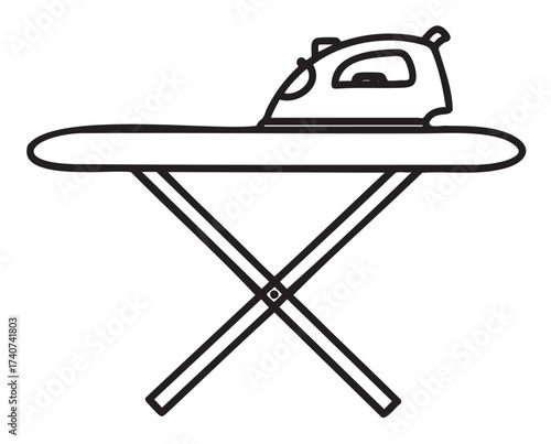 Black outline drawing of a simple ironing board with an iron placed on top, showcasing domestic household items used for garment care.