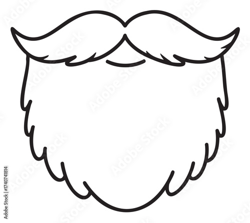 Black outline drawing of a stylized, full beard with a thick mustache, curves outward at the ends, suitable for design and grooming concepts.