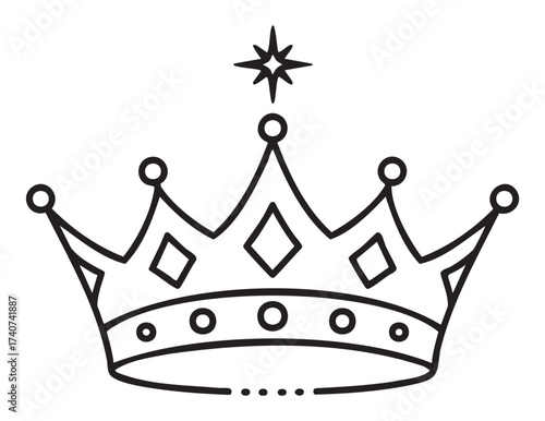 Black outline icon of a simple crown with pointed jewels and a stylized star above, perfect for royalty or king themes.