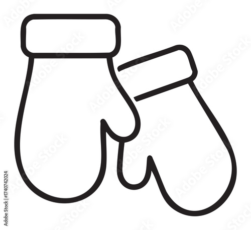 Black outline vector icon of a pair of winter mittens with thick cuffs, illustrating warmth and coziness for cold weather concepts.