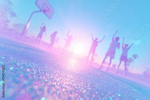 Vibrant scene of excitement at basketball court, silhouettes cel