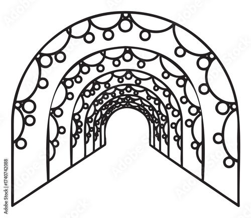 Black outline icon of a decorative arched tunnel with intricate circular patterns and layered arches.