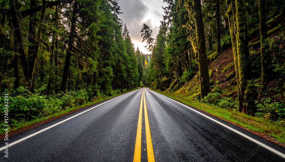 Fototapeta premium An asphalt road lined with tall, vibrant green trees leads into the distance under a cloudy sky. Sunlight barely illuminates the path