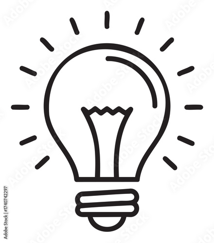 Black outline vector icon of a classic incandescent light bulb with rays indicating illumination. simple linear design for ideas, innovation, and creativity concepts.