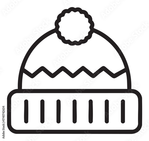 Simple black outline of a winter beanie with a pom-pom and zigzag pattern, featuring a ribbed brim.