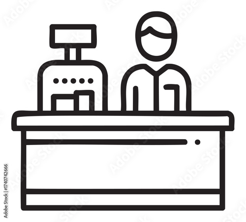 Black outline icon depicting a person standing behind a counter with a cash register, representing retail service.