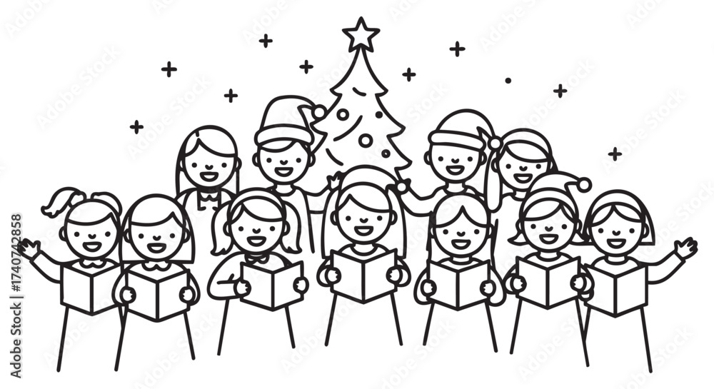 Fototapeta premium Black outline vector icon of a group of children singing christmas carols in front of a decorated tree, wearing santa hats and smiling.
