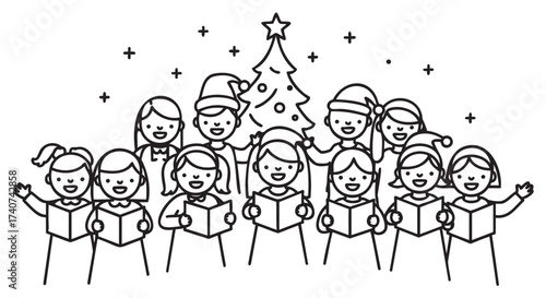 Black outline vector icon of a group of children singing christmas carols in front of a decorated tree, wearing santa hats and smiling.