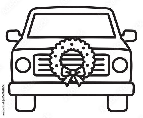 Black outline drawing of a truck with a festive holiday wreath on the front grille, featuring a bow in the center.