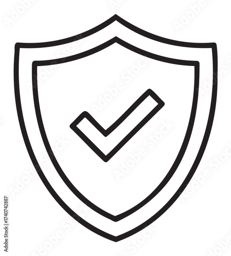 Black outline icon of a shield with a check mark symbol in the center, representing a concept of security and protection.
