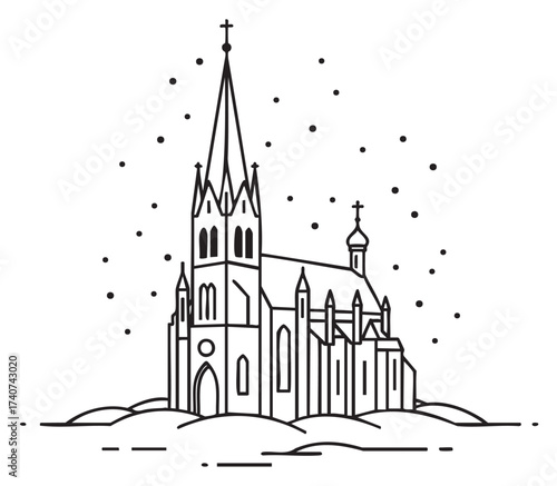 Black outline vector icon of a gothic-style church with a tall spire and cross, surrounded by snowflakes. minimal linear design for religious and architectural themes.