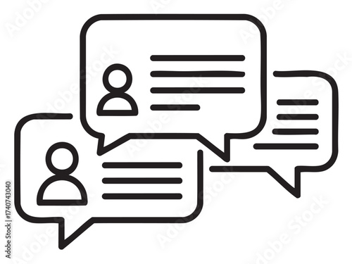 Black outline icon of three speech bubbles with user profile symbols and horizontal lines representing text conversation.