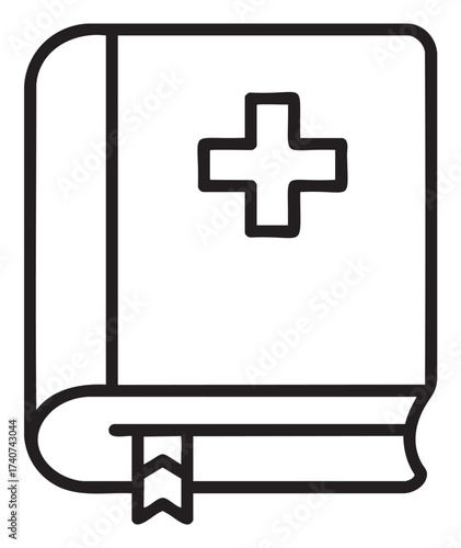Black outline icon depicting a medical textbook with a cross symbol and a bookmark. simple, linear style for healthcare and education concepts.