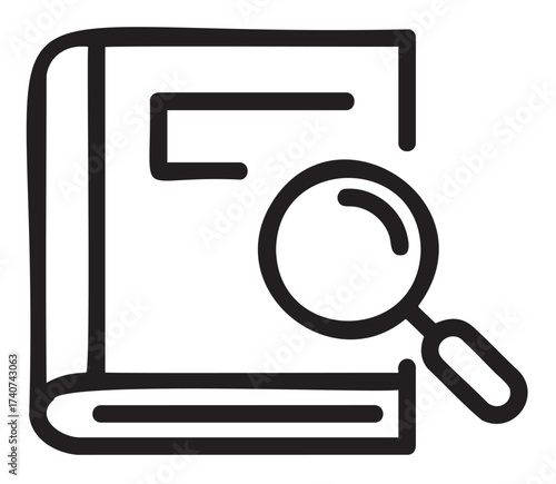 Black outline icon of a book with a magnifying glass laid over it, symbolizing research or investigation.