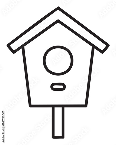 Simple black outline of a classic birdhouse with a circular entrance and rectangular base.