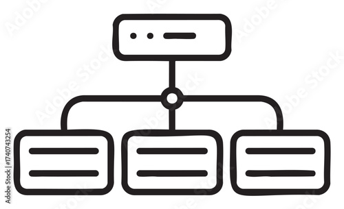 Black outline icon of a flowchart diagram with three connected blocks under a central hub.