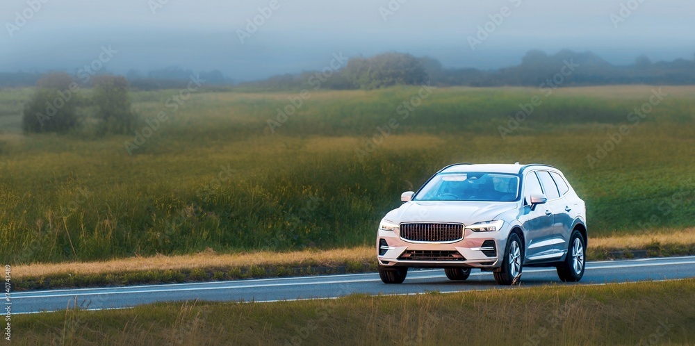 Fototapeta premium Body on frame SUV cruising on paved rural road