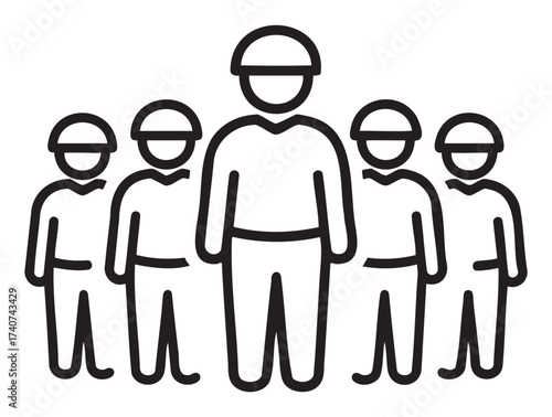 Black outline icon depicting a group of stylized figures wearing helmets, resembling workers or team members.