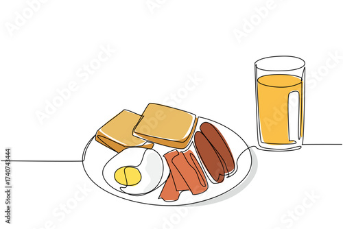 Single one line drawing fried egg with sausage, sliced ​​meat and bread slices plus orange juice. Sufficient intake for busy people. Brunch for Lunch Day. Continuous line design graphic illustration