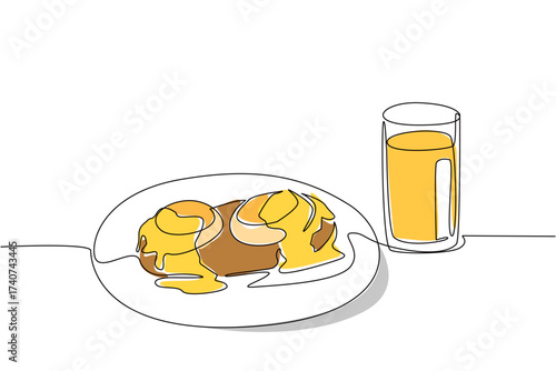 Continuous one line drawing eggs benedict topped with melted cheese and a glass of orange juice. Late breakfast moment. Filling. Brunch for Lunch Day. Single line draw design vector illustration