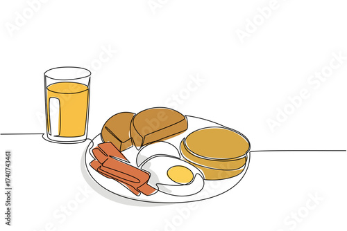 Single continuous line drawing fried egg with pancake, sliced ​​meat and pieces of bread plus orange juice. Menu that is enough until dinner. Brunch for Lunch Day. One line design vector illustration
