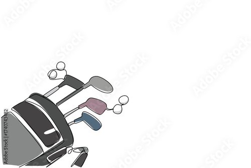 Single one line drawing some golf clubs in the bag and some golf balls around it. Practice with some of the favorite golf clubs. Hobby. National Golf Day. Continuous line design graphic illustration
