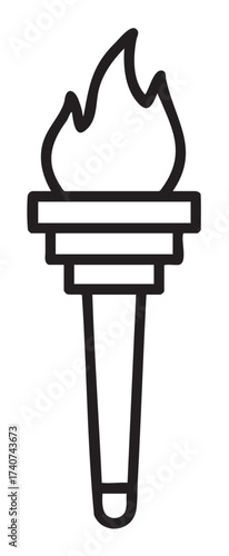 Black outline icon of a classic torch with a simple flame design. minimalist linear illustration suitable for concepts of sports, competition, and achievement.