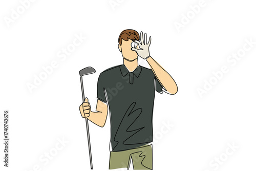 Single one line drawing a man in gloves holds a ball and places it in front of his eyes. Like measuring the distance to a golf hole. National Golf Day. Continuous line design graphic illustration