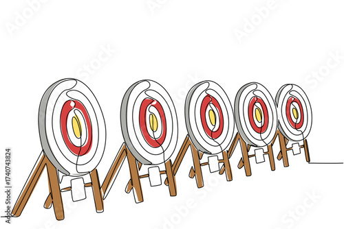 Single one line drawing 5 dart target boards lined up. Archery target pads are prepared for the competition. Looking for talent. Tournament. Archery Day. Continuous line design graphic illustration