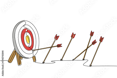 Continuous one line drawing more arrows stuck in the ground than the target pad. Lots of practice to perfect. Lack of accuracy. Not on target. Archery Day. Single line draw design vector illustration