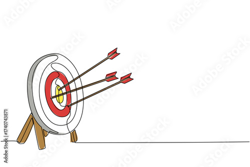 Single continuous line drawing 3 arrows hit the target pad. Achievements that are not yet optimal. Lack of practice. Lack of focus. Lack of accuracy. Archery Day. One line design vector illustration