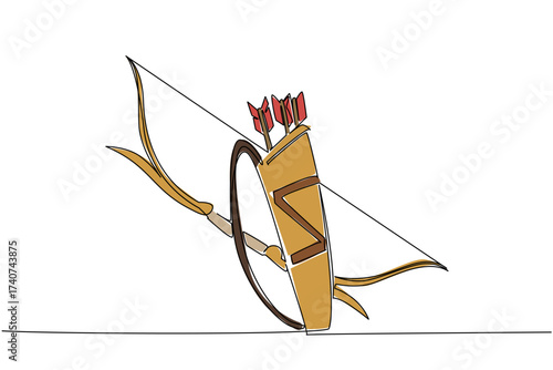 Continuous one line drawing the bow and arrows are in the quiver. Classic weapons that remain in use into the future. Train the focus. Game. Archery Day. Single line draw design vector illustration