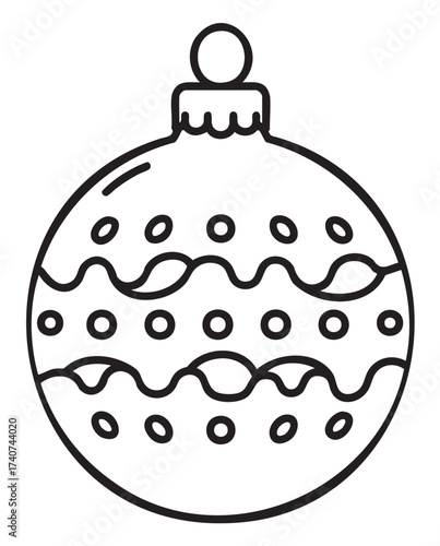 Simple black outline of a christmas ornament with oval and wavy patterns, designed in a minimalist style.