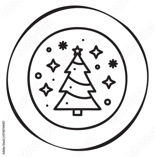 Black outline vector icon of a decorated christmas tree with surrounding stars and snowflakes inside a circular frame.