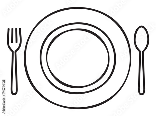Black outline vector icon of a simple dinner plate with a fork on the left and a spoon on the right. minimal linear illustration for dining and culinary themes.