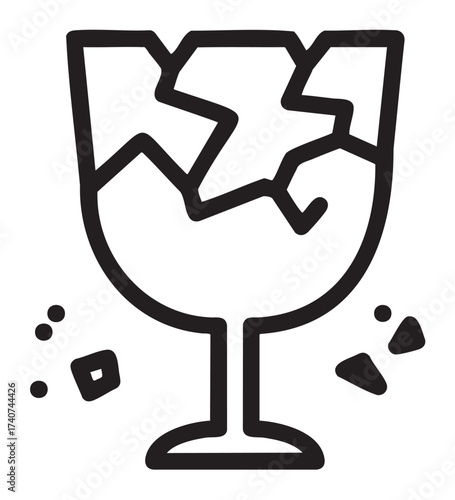 Black outline icon of a broken wine glass with jagged cracks and scattered shards, symbolizing fragility or mishap.