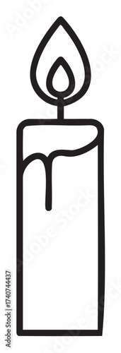 Black outline icon of a simple upright candle with a flame and wax drippings, symbolizing warmth and illumination.