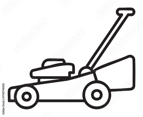 Black outline drawing of a simple push lawn mower with a long handle, wheels, and rear collection bag.