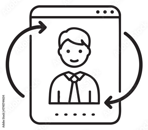 Black outline icon of a digital interface showing a smiling male figure in a shirt and tie with rotating arrows, symbolizing update or refresh.